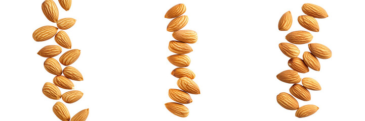 Obraz premium Three vertical compositions of nutritious almonds.