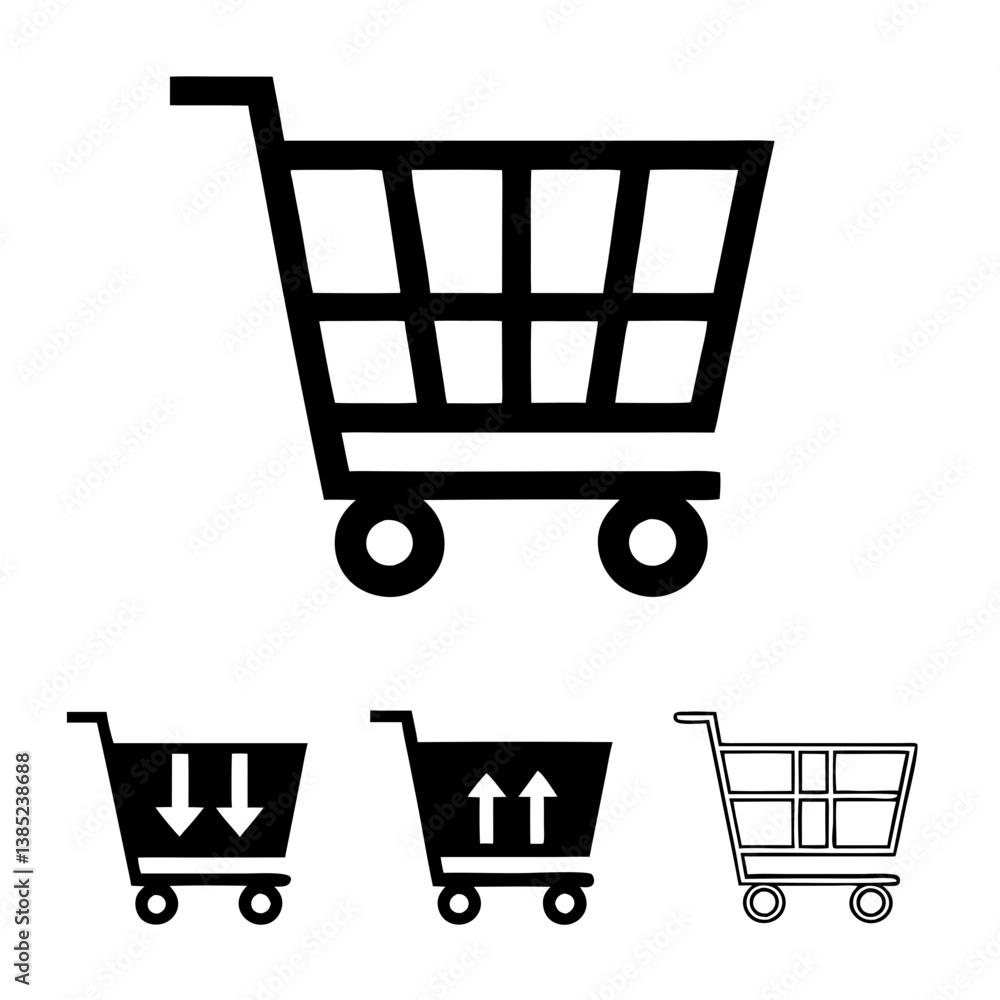 Poster a bold shopping cart icon set signifying online retail, showing adding and removing items, simple bl
