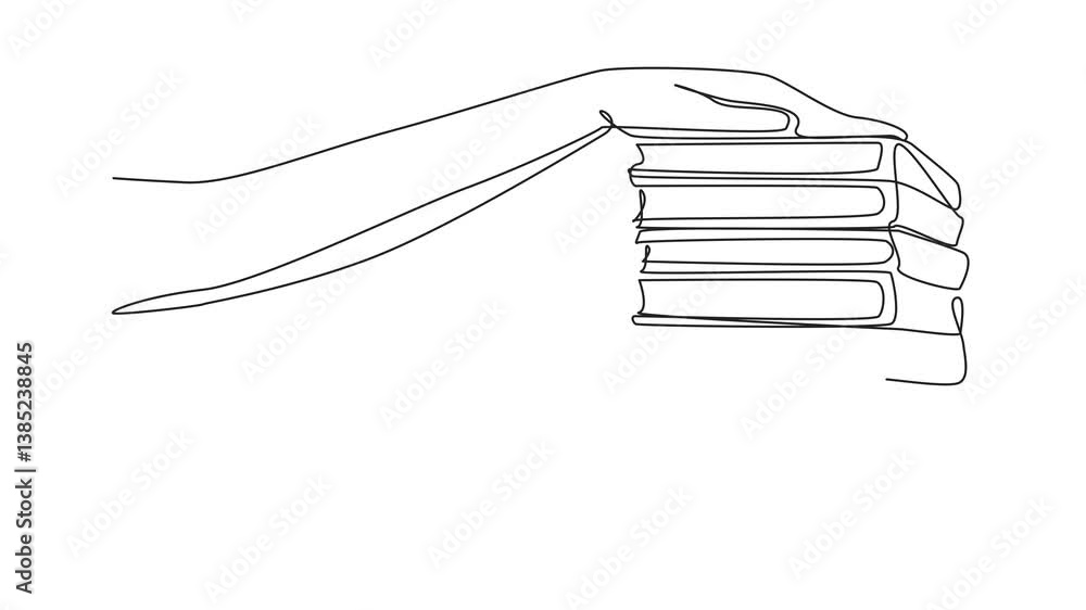 Poster animated self drawing of single continuous line drawing 2 hands holding 6 stacks of books on top and
