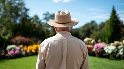 The image shows an elder man in a straw hat, gazing at a vibrant flower garden, conveying a sense of peace, reflection, and appreciation for nature's beauty.