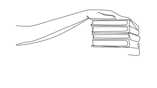 Animated self drawing of single continuous line drawing 2 hands holding 6 stacks of books on top and bottom. Giving very politely. National Donate a Book Day. Full length single line animation