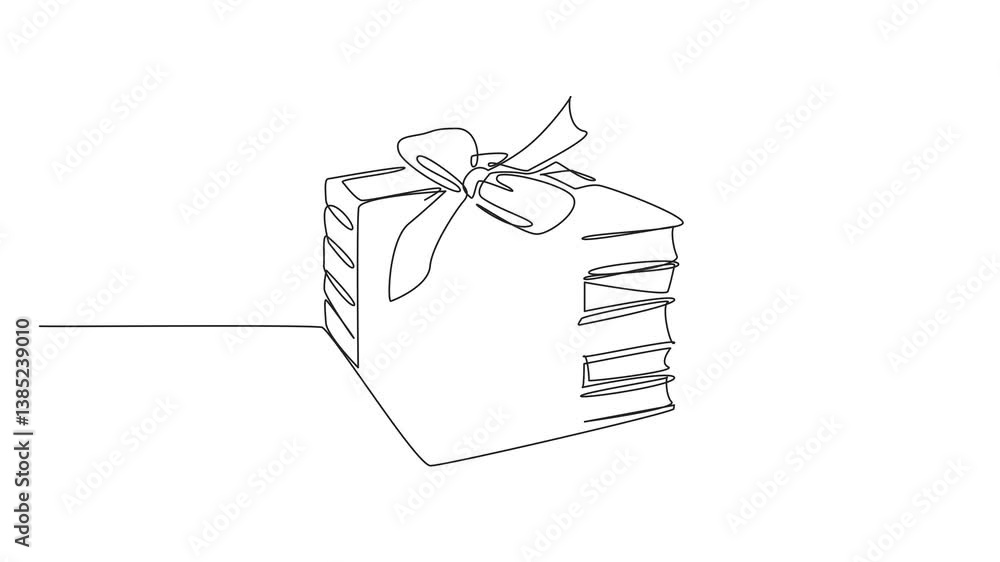 Poster animation of single line drawing 5 stacks of books tied with ribbon. attractively packaged. providin