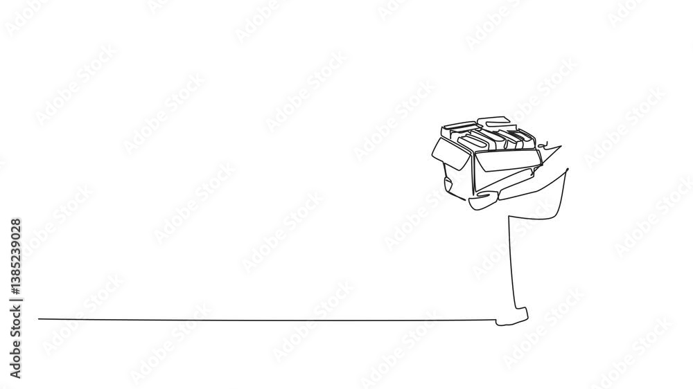Poster animation of continuous line drawing a boy carrying cardboard box containing a pile of books. packag