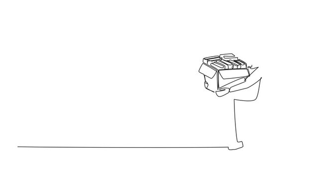 Animation of continuous line drawing a boy carrying cardboard box containing a pile of books. Packaged reading house. National Donate a Book Day. Single line self drawing animated. Full length motion