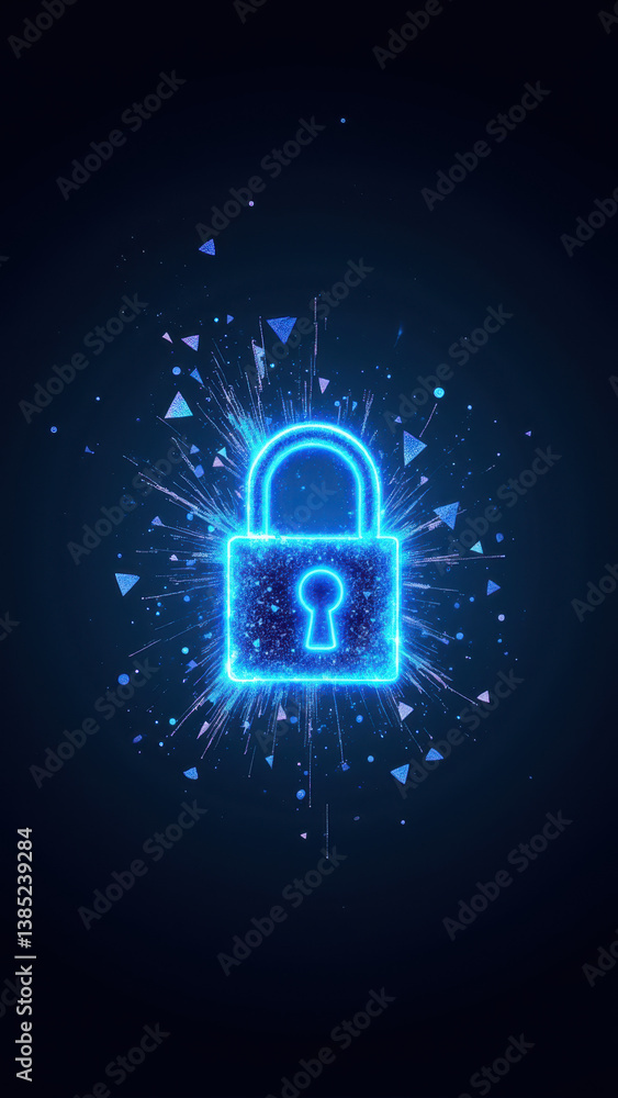 Poster a digital illustration with a focus on cybersecurity, featuring a lock symbolizing secure data prote