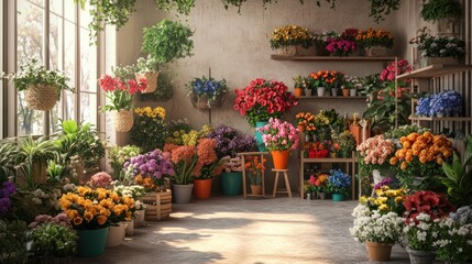 Fototapeta premium Sunlit floral shop interior, abundant blooms, rustic shelves, window light, design inspiration