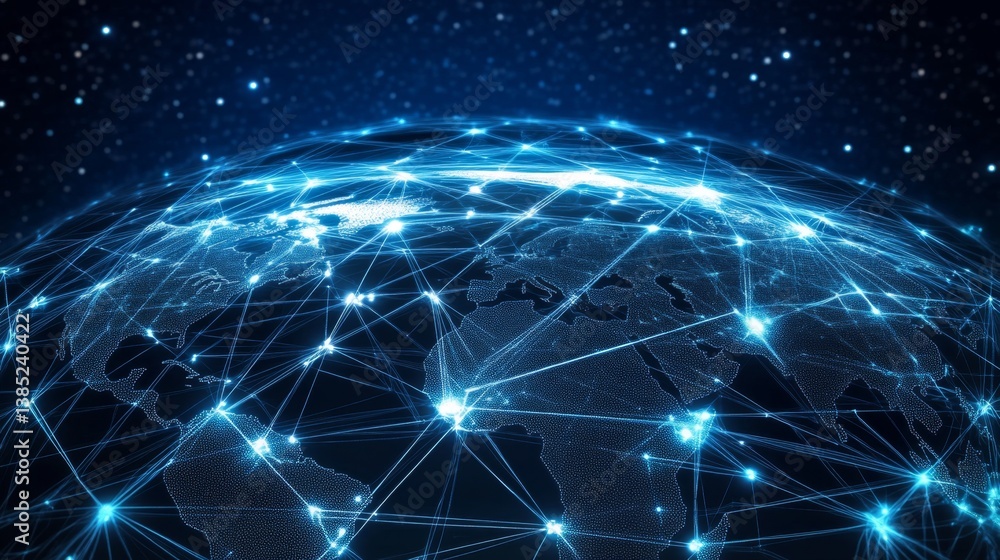 Poster global connectivity event showcasing digital networks across earth technology visualization cosmic b