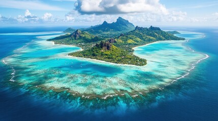 Fototapeta premium Aerial view of tropical island lagoon, boats, mountains, sunny sky, travel brochure