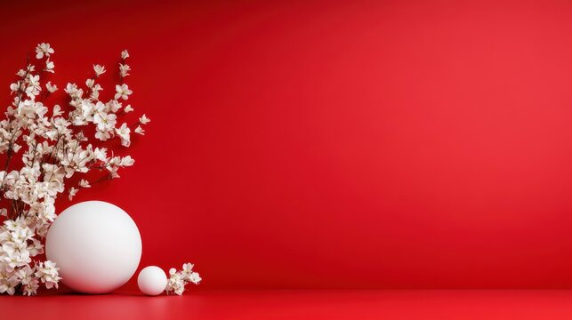 This still life image places a white sphere amidst delicate blossoms, featuring a bold red background, suggesting elegance, creativity, and a strong visual harmony.