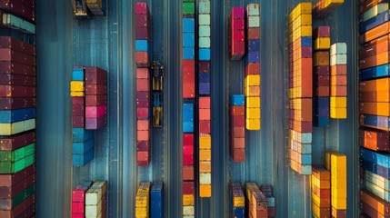Obraz premium Efficient cargo management shipping yard aerial view logistics hub overhead perspective container arrangement