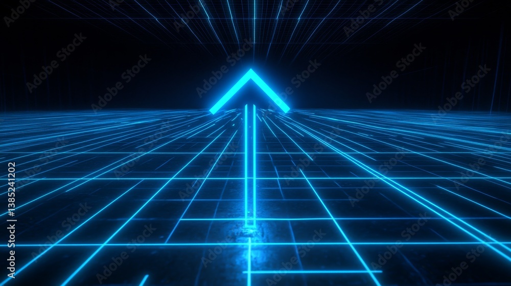 Poster futuristic ascending arrow animation in a digital grid virtual environment motion graphics perspecti