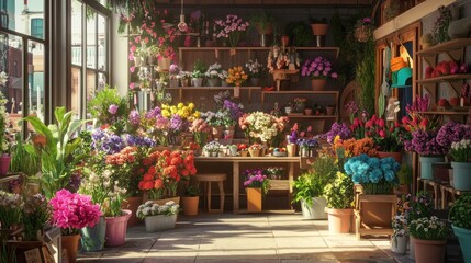 Fototapeta premium Sunlit floral shop displays vibrant blooms