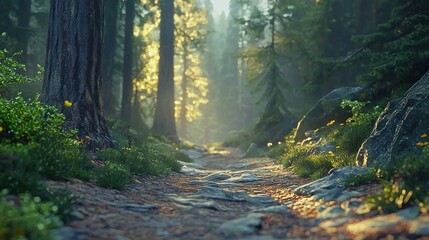 Obraz premium Sunlit forest path, misty morning, rocks, plants.