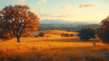 Golden autumn sunset over rolling hills and fields. Ideal for nature, travel, or serenity themes