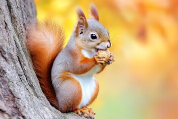 Fototapeta premium A squirrel climbing a tree with an acorn in its mouth at sunrise