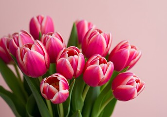 Obraz premium Bouquet of Pink and White Tulips with Green Stems on a Pastel Pink Background.