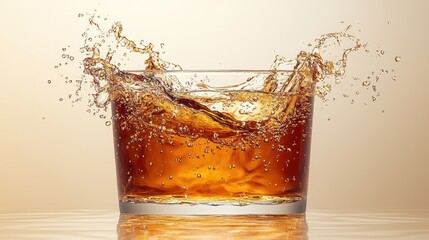 Whiskey splash in glass, amber liquid, ice, studio shot, beverage advertising