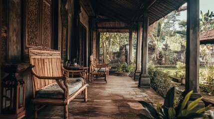 Fototapeta premium Balinese veranda, bamboo furniture, tropical garden, relaxation, resort