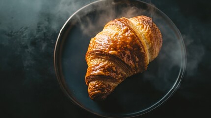 A freshly baked croissant with a glossy, golden-brown finish. Featuring indulgence and warmth