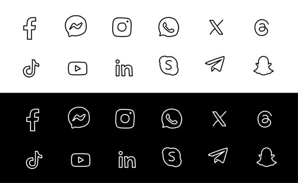 Hand drawn social media icons. Doodle social media icons set. Facebook, Instagram, X