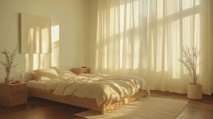 Obraz premium Sunny bedroom interior, warm light, peaceful scene, perfect for relaxation, use in home decor, interior design, and lifestyle photography