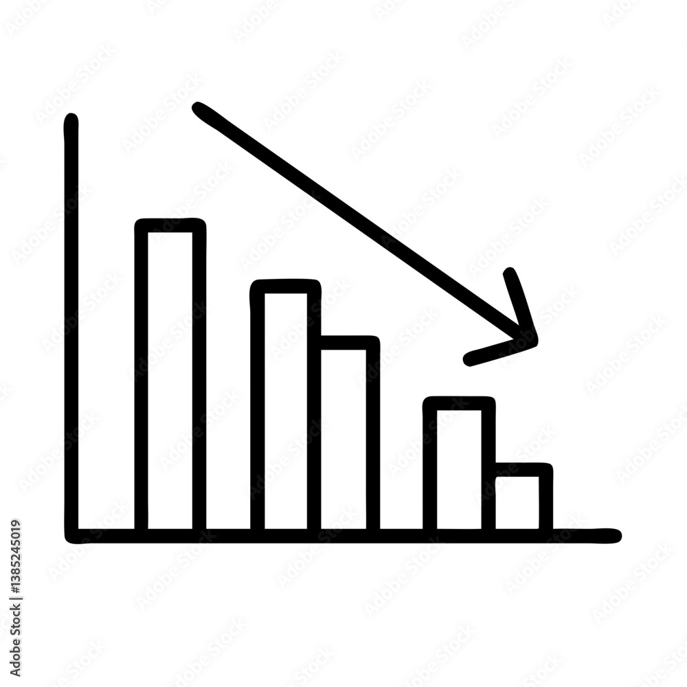 Poster declining bar graph with downward arrow showing financial loss or negative trend in business perform