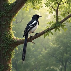Eurasian Magpie Perched High in the Forest Canopy.