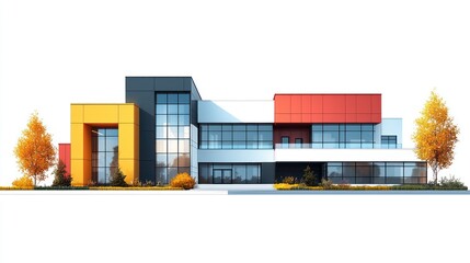 Obraz premium Colorful modern house architectural rendering, autumn trees, white background, real estate