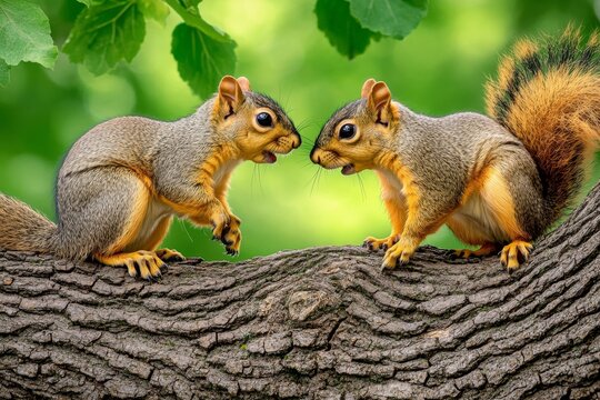 A squirrel playfully chasing another squirrel up a tree in a forest setting