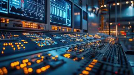 Fototapeta premium Control room console, monitoring systems, industrial facility, night, technological operations, for technology articles