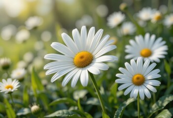 Fototapeta premium Blooming White Daisy Flowers in a Lush Green Field on Sunny Day