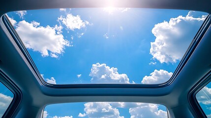 Naklejka premium Open sunroof showing blue sky and fluffy white clouds