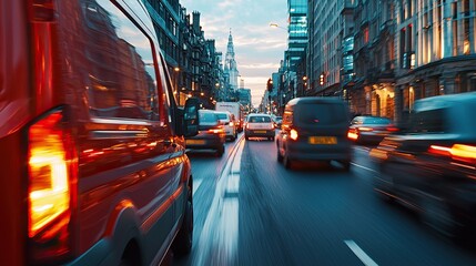 Vehicle navigating through busy city traffic during rain at twilight