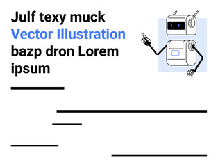 Cheerful robot holding a pointer surrounded by modern fonts and minimal text blocks. Ideal for tech, AI, education, communication, creativity, innovation, presentations, and simple landing page