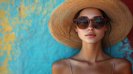 Fototapeta premium Woman, summer hat, sunglasses, colorful wall, beach style, fashion portrait