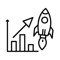 Growth chart with rocket launch for business startup success and financial performance reaching targets goal