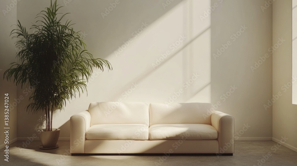 Poster in a tranquil interior, warm sunlight filters through large windows, casting gentle shadows on a cre