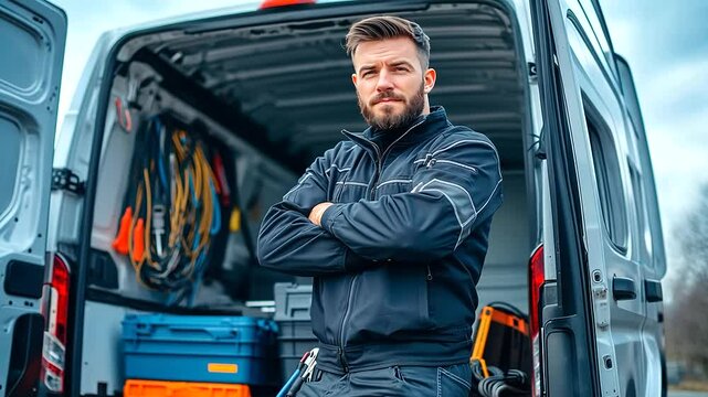 Man in electrician uniform leans against his van with back doors open, inside showing cables hanging in perfect order, toolboxes and battery-powered tools ready for the day&rsquo;s work