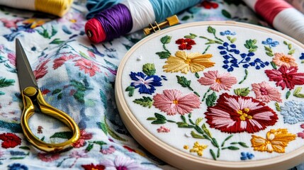 Fototapeta premium Colorful Floral Embroidery Design with Threads and Scissors