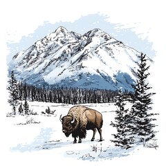 Bison in a Snowy Mountain Landscape A Hand-Drawn Illustration.