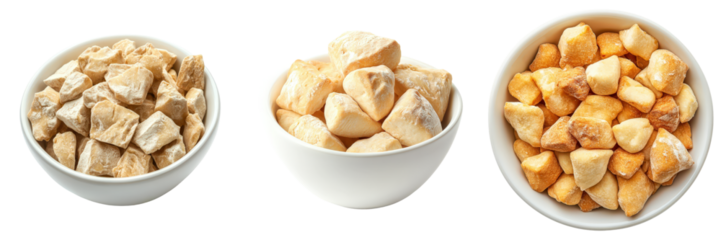 Three bowls of crispy golden brown treats.