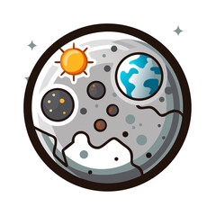 Fototapeta premium Moon surface with Earth and sun cartoon illustration