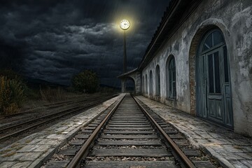 Fototapeta premium A stormy night at an abandoned train station, a single lantern flickering in the wind