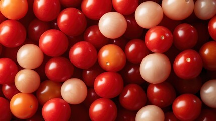 Obraz premium A delightful arrangement of various red and white cherry tomatoes creates an appealing visual, perfect for showcasing healthy eating and fresh produce themes.