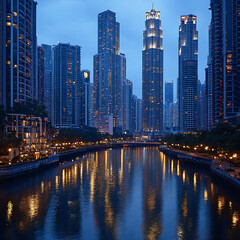 Fototapeta premium A bustling city skyline at dusk with skyscrapers lit up and reflections in the water of a nearby river