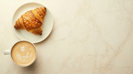 A freshly brewed cup of coffee with a croissant. Featuring warmth and comfort