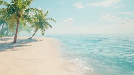 Idyllic tropical beach scene with palm trees, clear water, and soft sand under a sunny sky.
