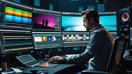 Professional video editor working at multi-monitor editing station with color grading screens, timeline tools, and creative studio setup
- Powered by Adobe