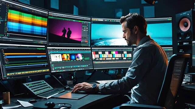 Professional video editor working at multi-monitor editing station with color grading screens, timeline tools, and creative studio setup

