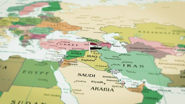 The camera rotating around Iranian on the world map takes the focus. The Iranian flag is waving. 4K Flag Animation.